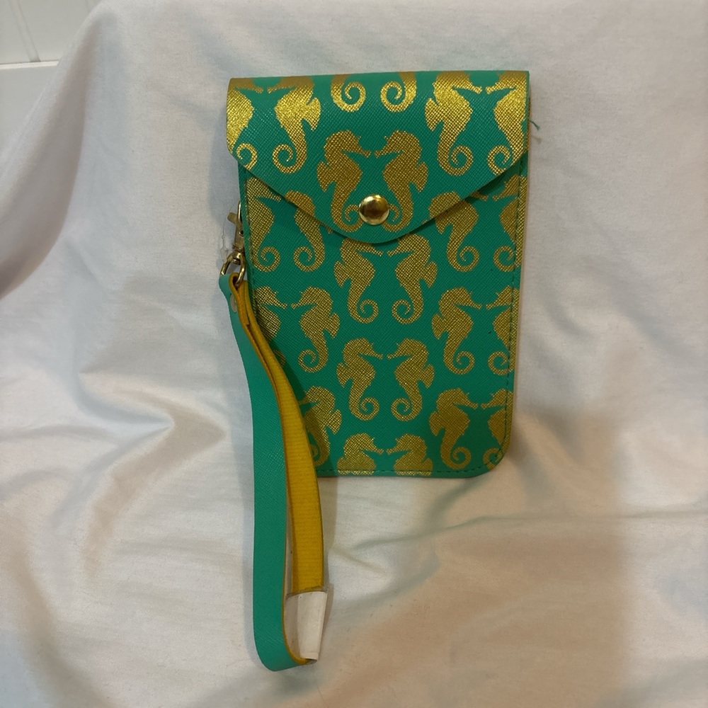 Top It Off Seahorse Wristlet Phone Pouch Turquoise Gold Lilly Pulitzer style